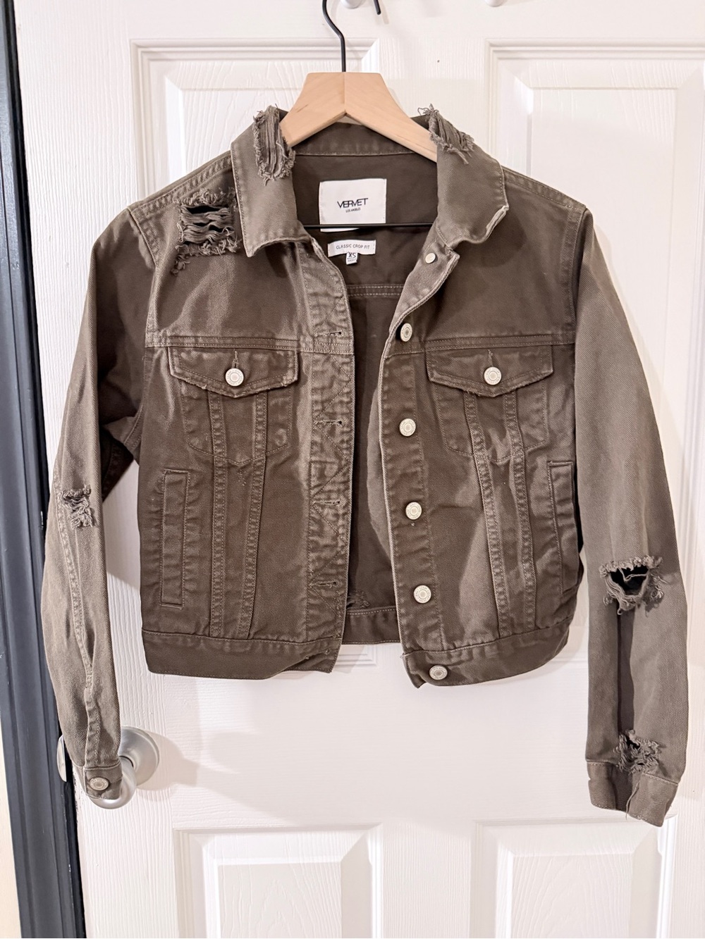 Olive Distressed Denim crop Jacket